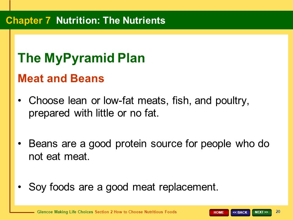 Glencoe Making Life Choices Section 2 How to Choose Nutritious Foods Chapter 7 Nutrition: The Nutrients 20 << BACK NEXT >> HOME Choose lean or low-fat meats, fish, and poultry, prepared with little or no fat.