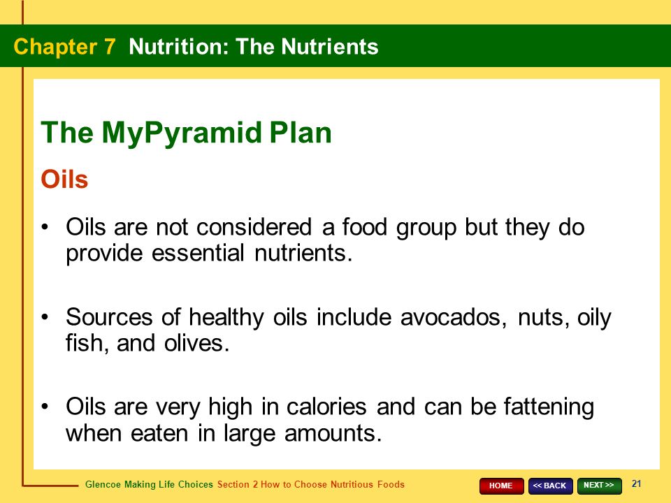 Glencoe Making Life Choices Section 2 How to Choose Nutritious Foods Chapter 7 Nutrition: The Nutrients 21 << BACK NEXT >> HOME Oils are not considered a food group but they do provide essential nutrients.