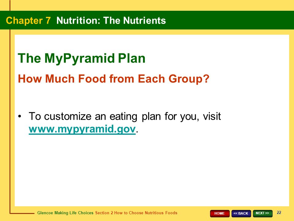 Glencoe Making Life Choices Section 2 How to Choose Nutritious Foods Chapter 7 Nutrition: The Nutrients 22 << BACK NEXT >> HOME To customize an eating plan for you, visit