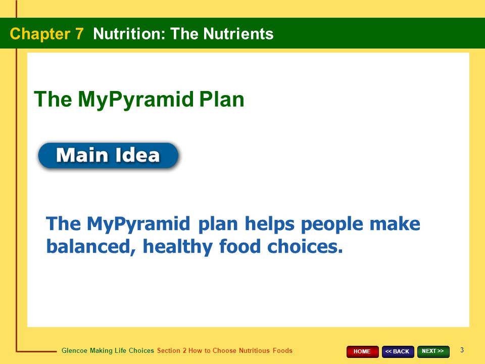 Glencoe Making Life Choices Section 2 How to Choose Nutritious Foods Chapter 7 Nutrition: The Nutrients 3 << BACK NEXT >> HOME The MyPyramid plan helps people make balanced, healthy food choices.