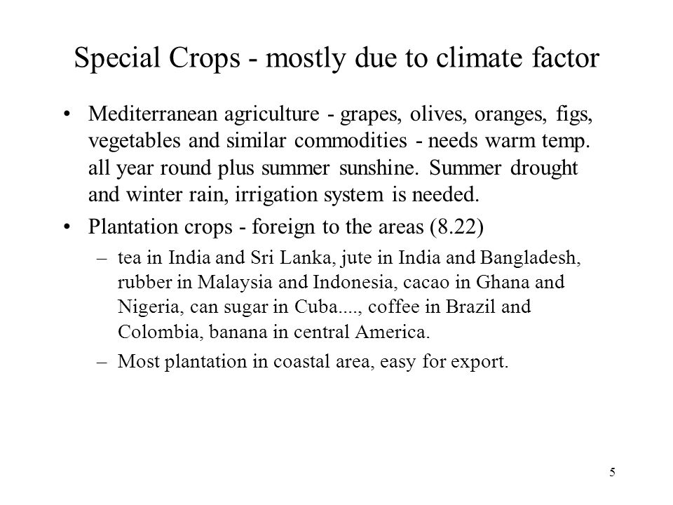5 Special Crops - mostly due to climate factor Mediterranean agriculture - grapes, olives, oranges, figs, vegetables and similar commodities - needs warm temp.