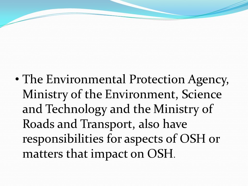 The Environmental Protection Agency, Ministry of the Environment, Science and Technology and the Ministry of Roads and Transport, also have responsibilities for aspects of OSH or matters that impact on OSH.