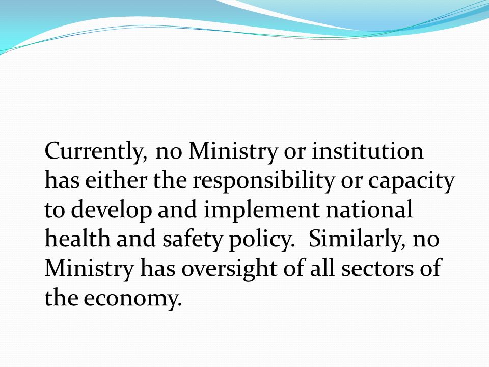 Currently, no Ministry or institution has either the responsibility or capacity to develop and implement national health and safety policy.