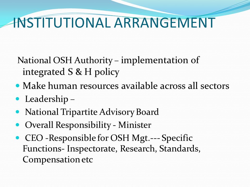 INSTITUTIONAL ARRANGEMENT National OSH Authority – implementation of integrated S & H policy Make human resources available across all sectors Leadership – National Tripartite Advisory Board Overall Responsibility - Minister CEO -Responsible for OSH Mgt.--- Specific Functions- Inspectorate, Research, Standards, Compensation etc