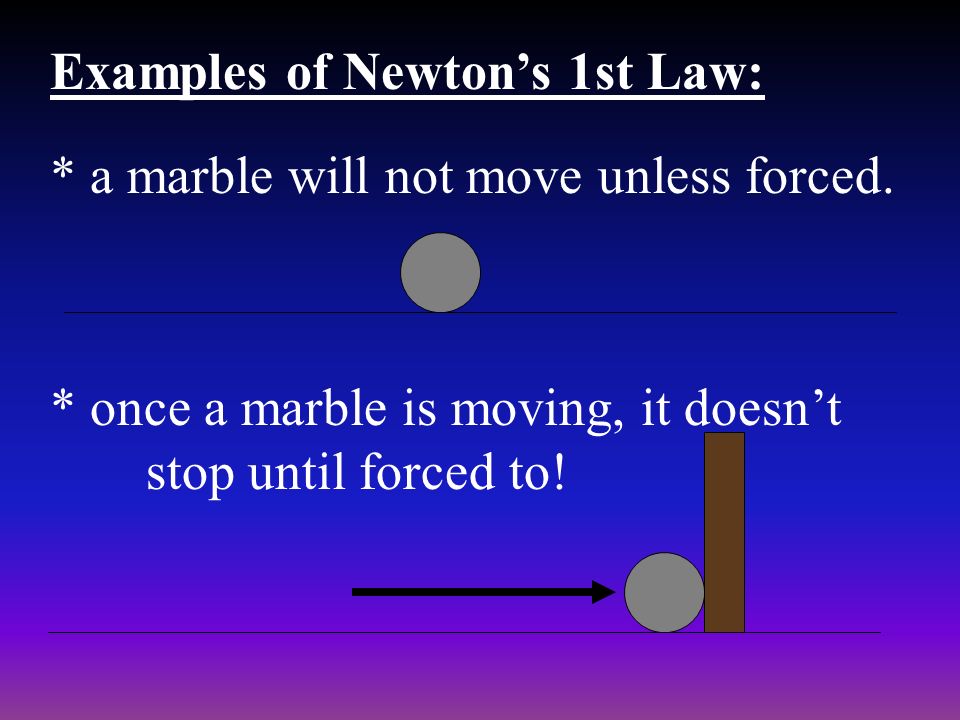 Examples of Newton’s 1st Law: * a marble will not move unless forced.