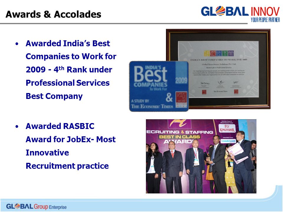 Awards & Accolades Awarded India’s Best Companies to Work for th Rank under Professional Services Best Company Awarded RASBIC Award for JobEx- Most Innovative Recruitment practice