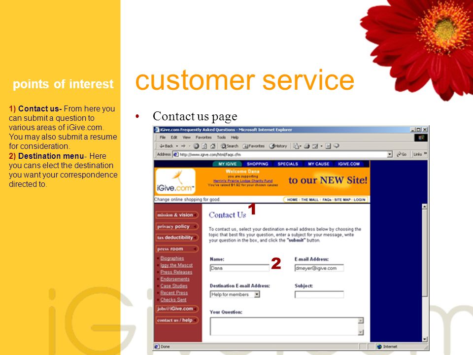 customer service Contact us page points of interest 1) Contact us- From here you can submit a question to various areas of iGive.com.