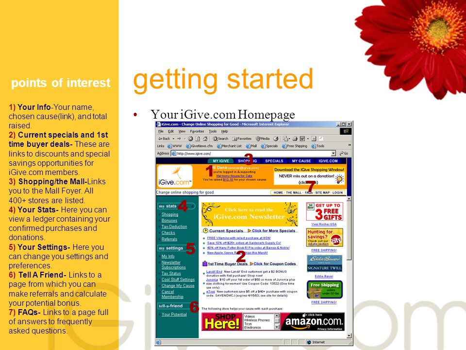 getting started Your iGive.com Homepage points of interest 1) Your Info-Your name, chosen cause(link), and total raised.