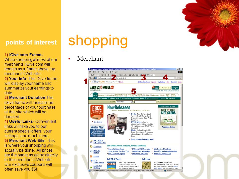 shopping Merchant points of interest 1) iGive.com Frame- While shopping at most of our merchants, iGive.com will remain as a frame above the merchant’s Web site.