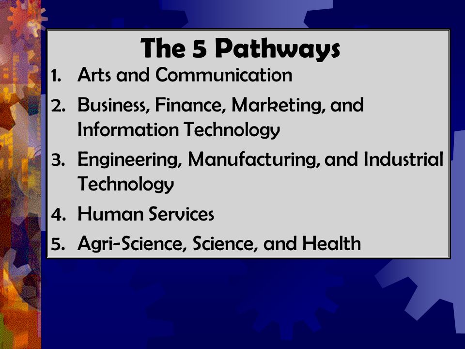 1.Arts and Communication 2.Business, Finance, Marketing, and Information Technology 3.Engineering, Manufacturing, and Industrial Technology 4.Human Services 5.Agri-Science, Science, and Health The 5 Pathways