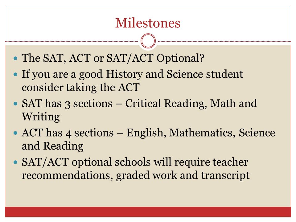 Milestones The SAT, ACT or SAT/ACT Optional.