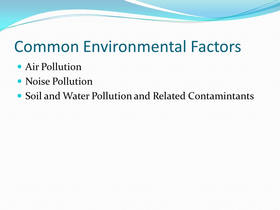 Common Environmental Factors Air Pollution Noise Pollution Soil and Water Pollution and Related Contamintants
