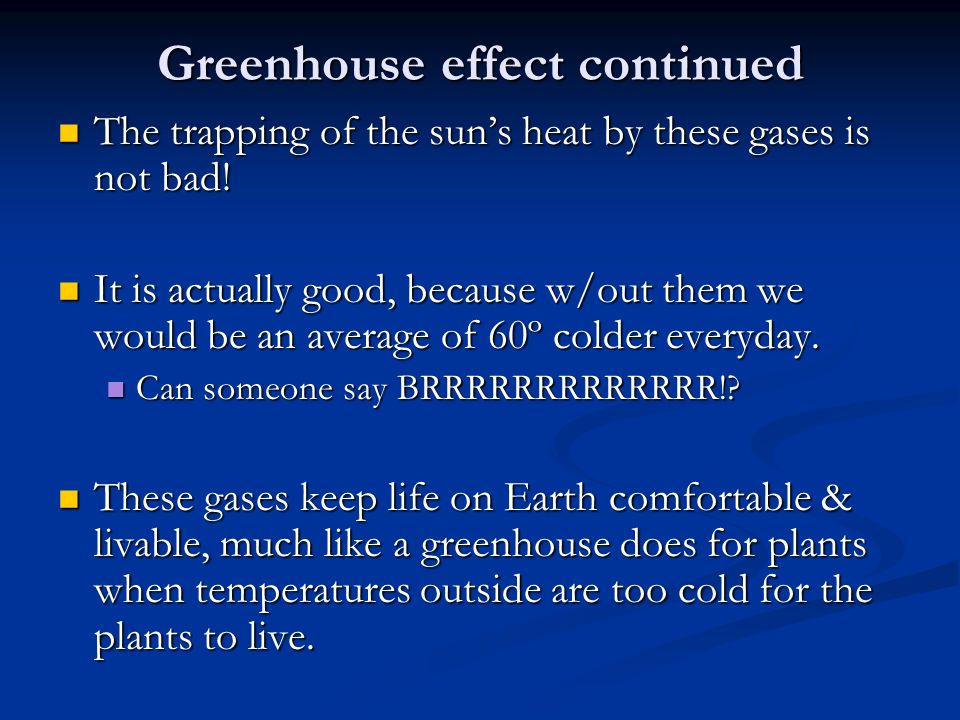 Greenhouse effect continued The trapping of the sun’s heat by these gases is not bad.