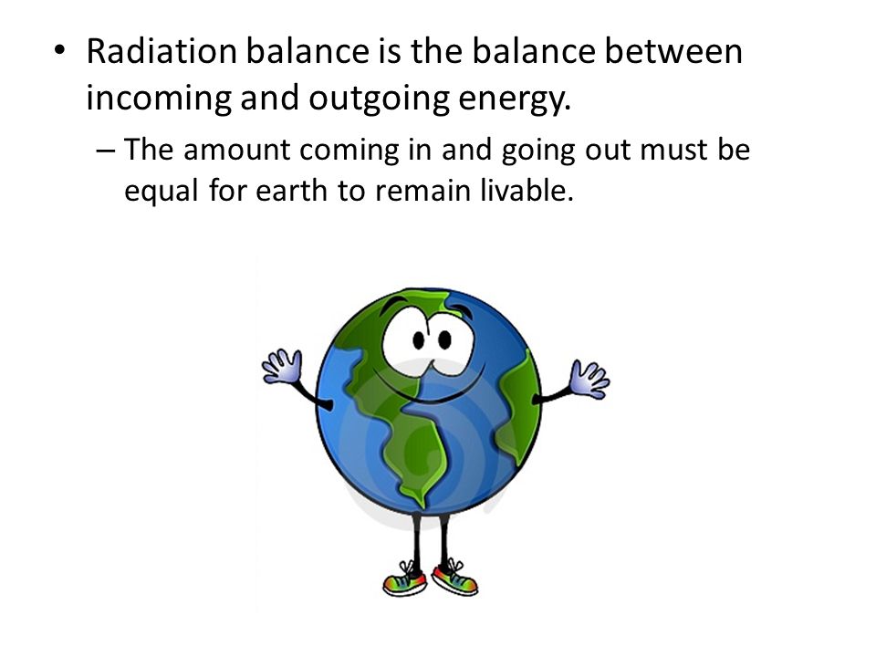 Radiation balance is the balance between incoming and outgoing energy.