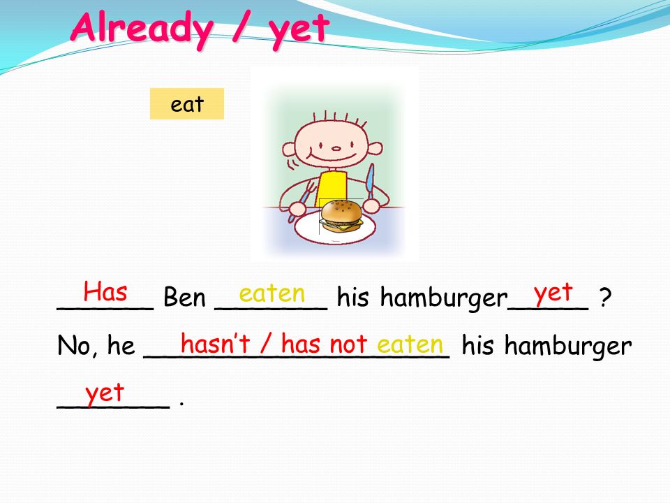 ______ Ben _______ his hamburger_____ . No, he ___________________ his hamburger _______.