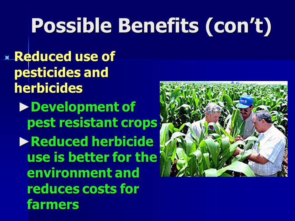 Possible Benefits (con’t)  Reduced use of pesticides and herbicides ► Development of pest resistant crops ► Reduced herbicide use is better for the environment and reduces costs for farmers