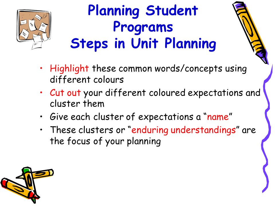 Planning Student Programs Steps in Unit Planning Define the purpose What do I hope my students will learn by the end of this strand/theme/unit Read the overview(s) for the strand(s) Skim through all the overall expectations for the strand(s) you want to plan Skim through all the specific expectations for the strand(s) you want to plan Identify common words or concepts