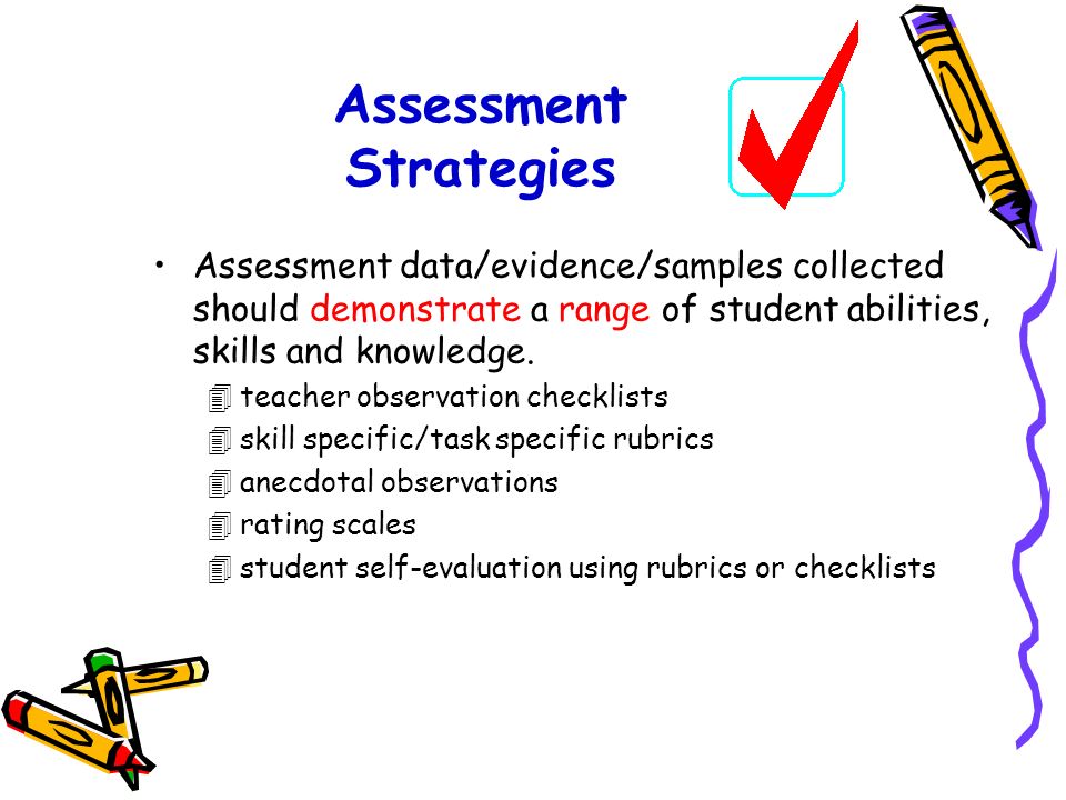 Assessment Strategies Assessment and evaluation should be related to the criteria in Achievement charts Assessment should reflect a balance of pencil and paper, process/portfolio and performance based tasks