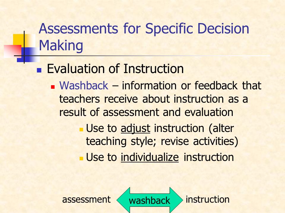Assessments for Specific Decision Making Evaluation of Instruction Washback – information or feedback that teachers receive about instruction as a result of assessment and evaluation Use to adjust instruction (alter teaching style; revise activities) Use to individualize instruction washback instructionassessment