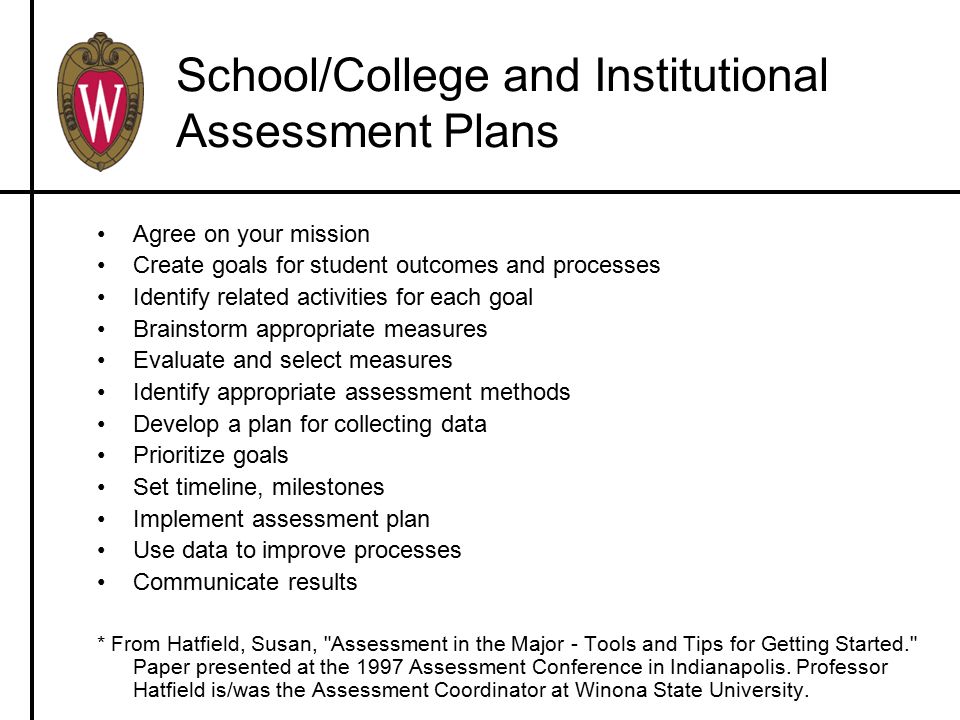 School/College and Institutional Assessment Plans Agree on your mission Create goals for student outcomes and processes Identify related activities for each goal Brainstorm appropriate measures Evaluate and select measures Identify appropriate assessment methods Develop a plan for collecting data Prioritize goals Set timeline, milestones Implement assessment plan Use data to improve processes Communicate results * From Hatfield, Susan, Assessment in the Major - Tools and Tips for Getting Started. Paper presented at the 1997 Assessment Conference in Indianapolis.