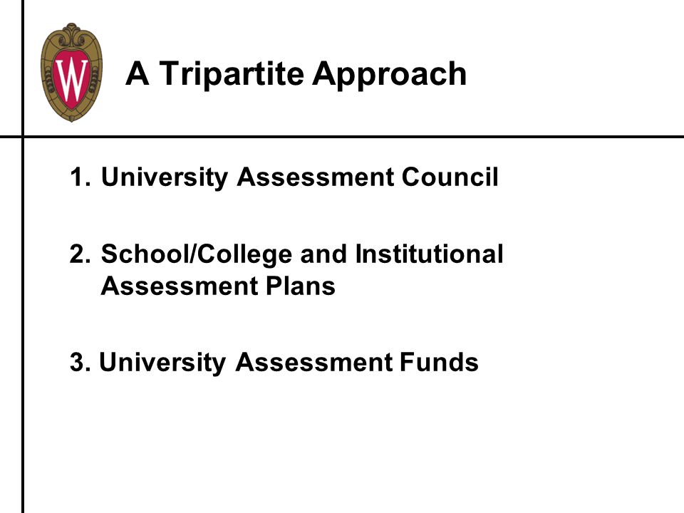 A Tripartite Approach 1.University Assessment Council 2.School/College and Institutional Assessment Plans 3.