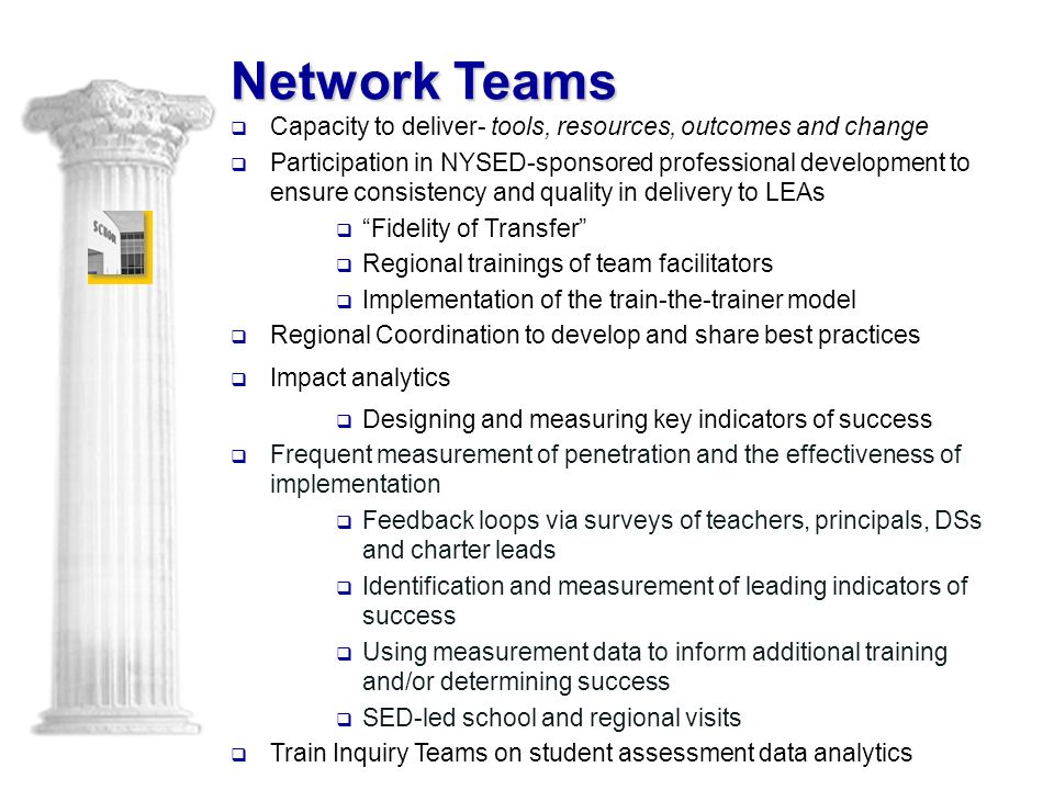 Network Teams  Capacity to deliver- tools, resources, outcomes and change  Participation in NYSED-sponsored professional development to ensure consistency and quality in delivery to LEAs  Fidelity of Transfer  Regional trainings of team facilitators  Implementation of the train-the-trainer model  Regional Coordination to develop and share best practices  Impact analytics  Designing and measuring key indicators of success  Frequent measurement of penetration and the effectiveness of implementation  Feedback loops via surveys of teachers, principals, DSs and charter leads  Identification and measurement of leading indicators of success  Using measurement data to inform additional training and/or determining success  SED-led school and regional visits  Train Inquiry Teams on student assessment data analytics