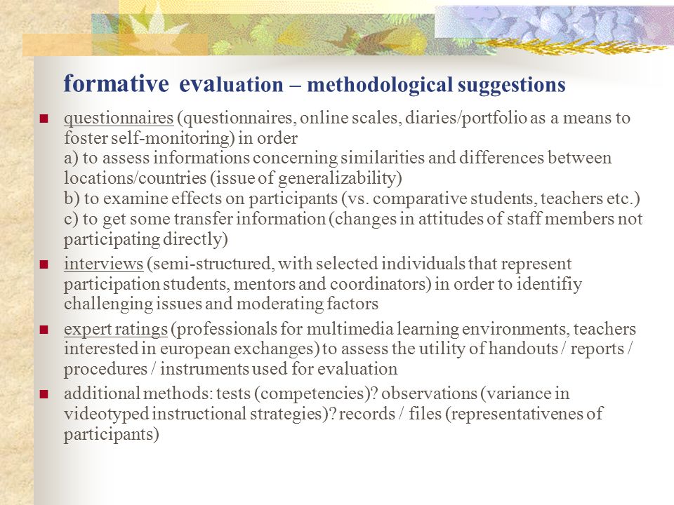 formative eva luation – methodological suggestions questionnaires (questionnaires, online scales, diaries/portfolio as a means to foster self-monitoring) in order a) to assess informations concerning similarities and differences between locations/countries (issue of generalizability) b) to examine effects on participants (vs.