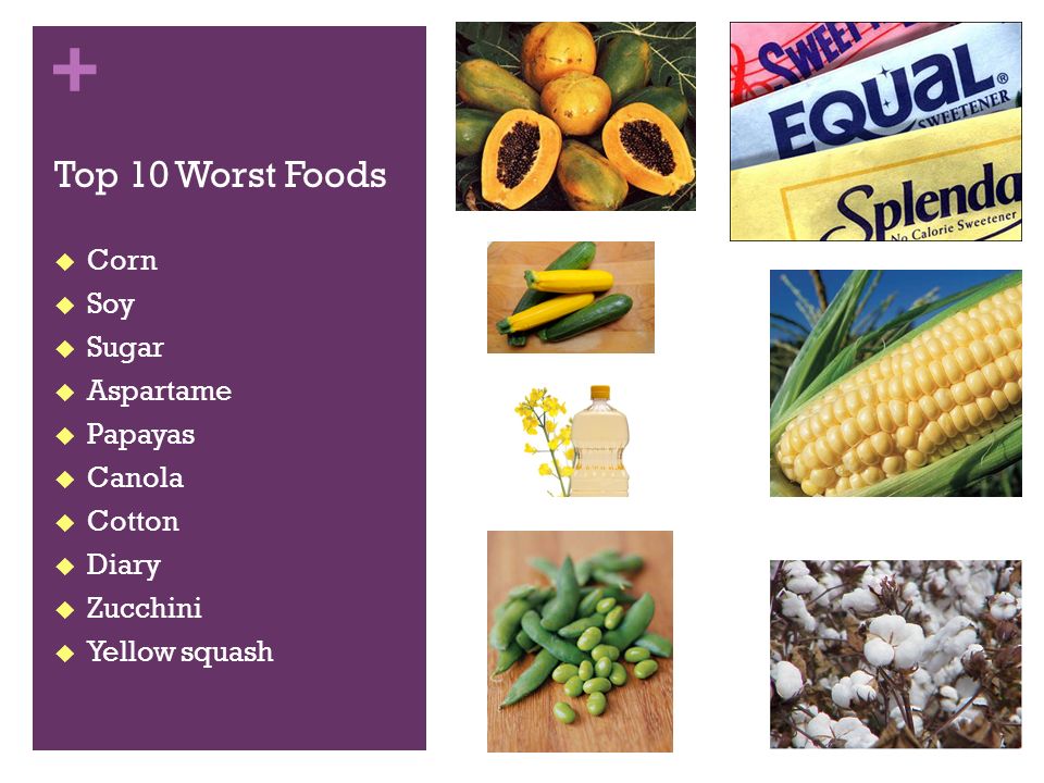 + Top 10 Worst Foods  Corn  Soy  Sugar  Aspartame  Papayas  Canola  Cotton  Diary  Zucchini  Yellow squash