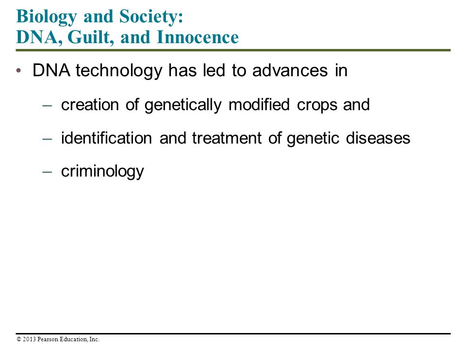 DNA technology has led to advances in –creation of genetically modified crops and –identification and treatment of genetic diseases –criminology Biology and Society: DNA, Guilt, and Innocence © 2013 Pearson Education, Inc.