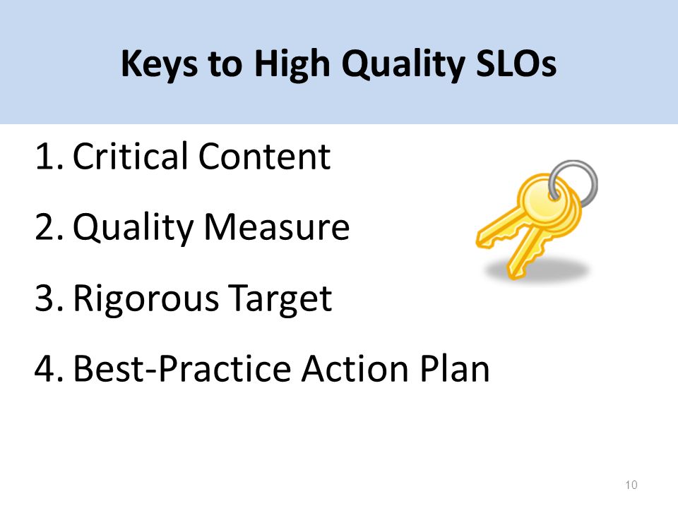 Ensure evaluator accountability 1.Critical Content 2.Quality Measure 3.Rigorous Target 4.Best-Practice Action Plan Keys to High Quality SLOs 10