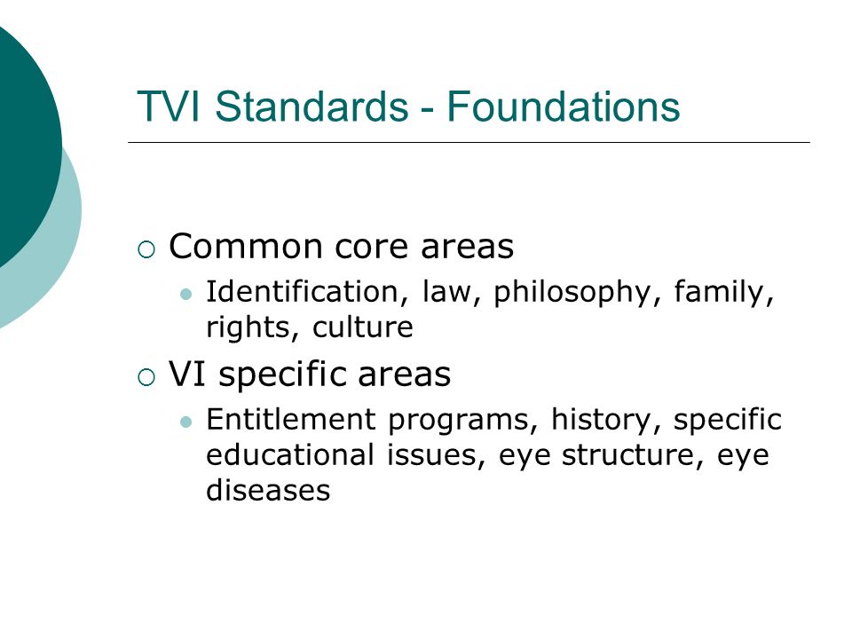 TVI Standards - Foundations  Common core areas Identification, law, philosophy, family, rights, culture  VI specific areas Entitlement programs, history, specific educational issues, eye structure, eye diseases