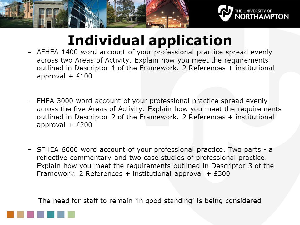 Individual application –AFHEA 1400 word account of your professional practice spread evenly across two Areas of Activity.