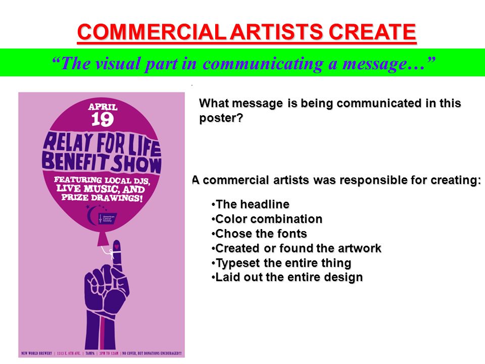 The visual part in communicating a message… COMMERCIAL ARTISTS CREATE What message is being communicated in this poster.