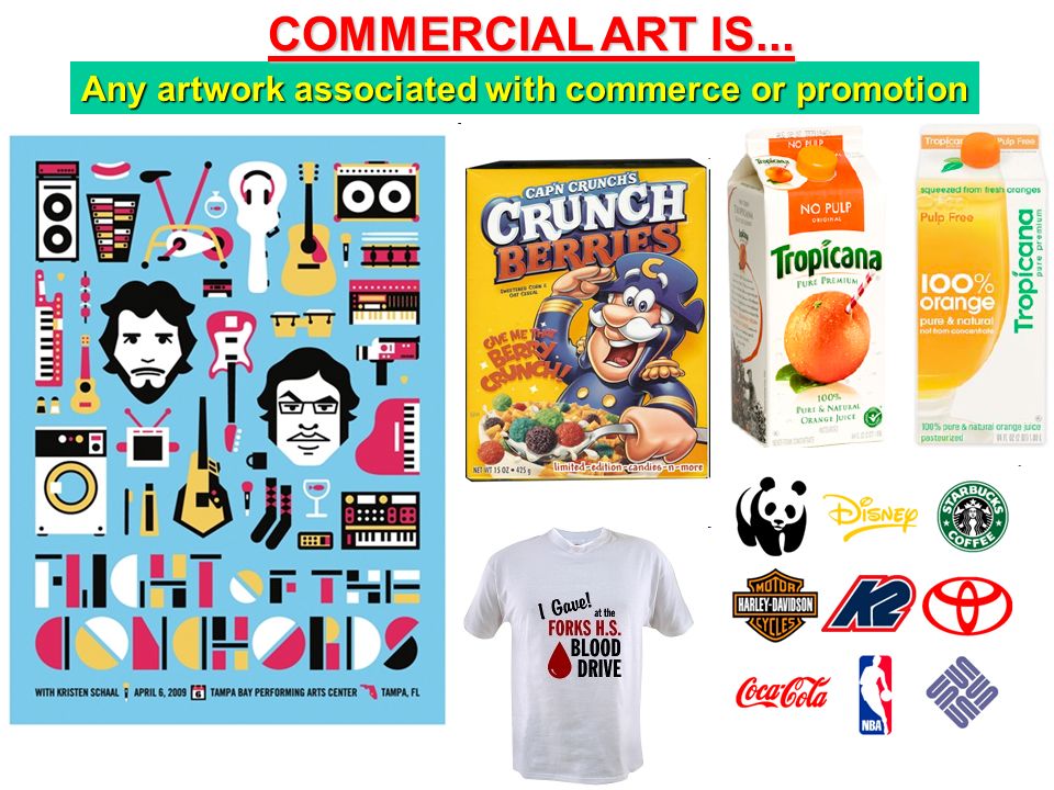 Any artwork associated with commerce or promotion COMMERCIAL ART IS...