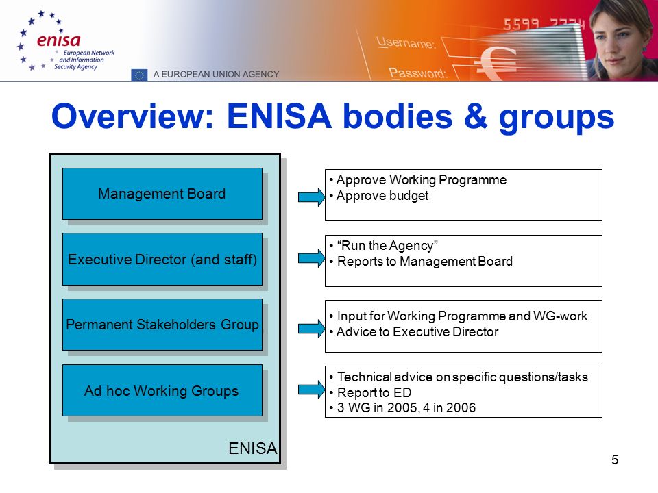5 Management Board Executive Director (and staff) Permanent Stakeholders Group Ad hoc Working Groups ENISA Approve Working Programme Approve budget Run the Agency Reports to Management Board Input for Working Programme and WG-work Advice to Executive Director Technical advice on specific questions/tasks Report to ED 3 WG in 2005, 4 in 2006 Overview: ENISA bodies & groups