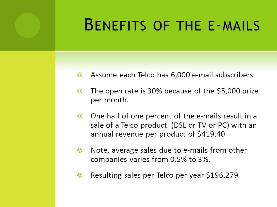 B ENEFITS OF THE E - MAILS  Assume each Telco has 6,000  subscribers  The open rate is 30% because of the $5,000 prize per month.