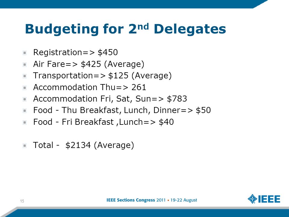 Budgeting for 2 nd Delegates Registration=> $450 Air Fare=> $425 (Average) Transportation=> $125 (Average) Accommodation Thu=> 261 Accommodation Fri, Sat, Sun=> $783 Food - Thu Breakfast, Lunch, Dinner=> $50 Food - Fri Breakfast,Lunch=> $40 Total - $2134 (Average) 15