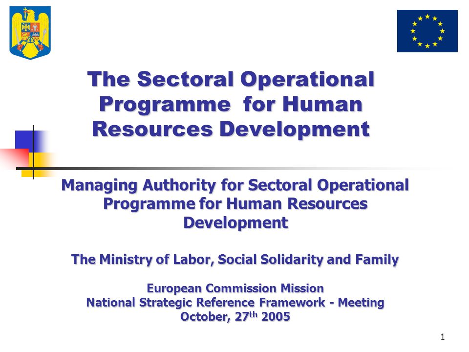 1 The Sectoral Operational Programme for Human Resources Development Managing Authority for Sectoral Operational Programme for Human Resources Development The Ministry of Labor, Social Solidarity and Family European Commission Mission National Strategic Reference Framework - Meeting October, 27 th 2005