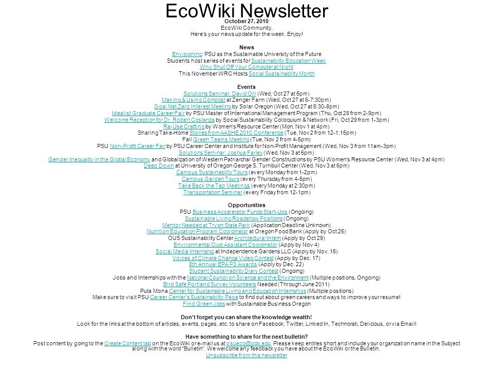 EcoWiki Newsletter October 27, 2010 EcoWiki Community, Here s your news update for the week.
