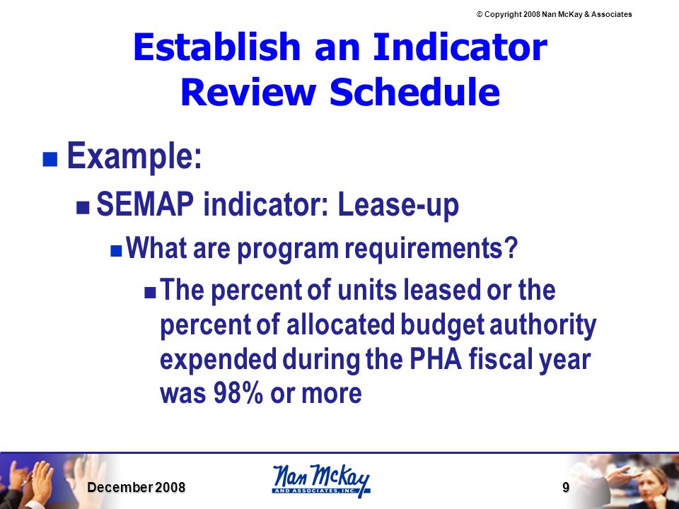 © Copyright 2008 Nan McKay & Associates December Establish an Indicator Review Schedule Example: SEMAP indicator: Lease-up What are program requirements.