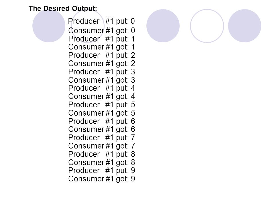 The Desired Output: Producer #1 put: 0 Consumer #1 got: 0 Producer #1 put: 1 Consumer #1 got: 1 Producer #1 put: 2 Consumer #1 got: 2 Producer #1 put: 3 Consumer #1 got: 3 Producer #1 put: 4 Consumer #1 got: 4 Producer #1 put: 5 Consumer #1 got: 5 Producer #1 put: 6 Consumer #1 got: 6 Producer #1 put: 7 Consumer #1 got: 7 Producer #1 put: 8 Consumer #1 got: 8 Producer #1 put: 9 Consumer #1 got: 9