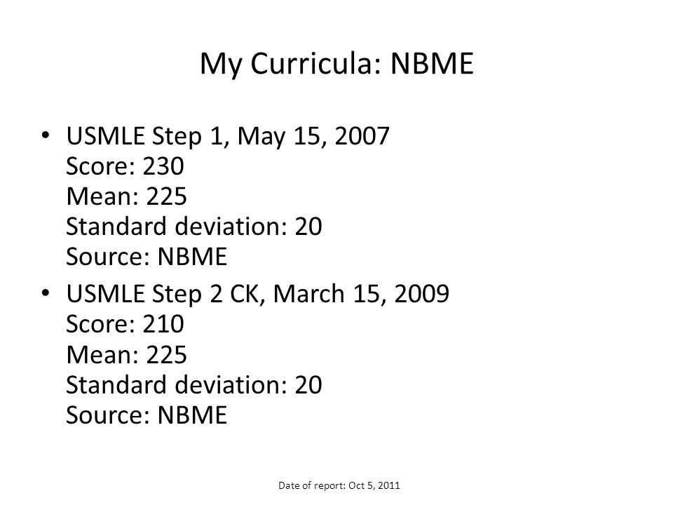 My Curricula: NBME USMLE Step 1, May 15, 2007 Score: 230 Mean: 225 Standard deviation: 20 Source: NBME USMLE Step 2 CK, March 15, 2009 Score: 210 Mean: 225 Standard deviation: 20 Source: NBME Date of report: Oct 5, 2011