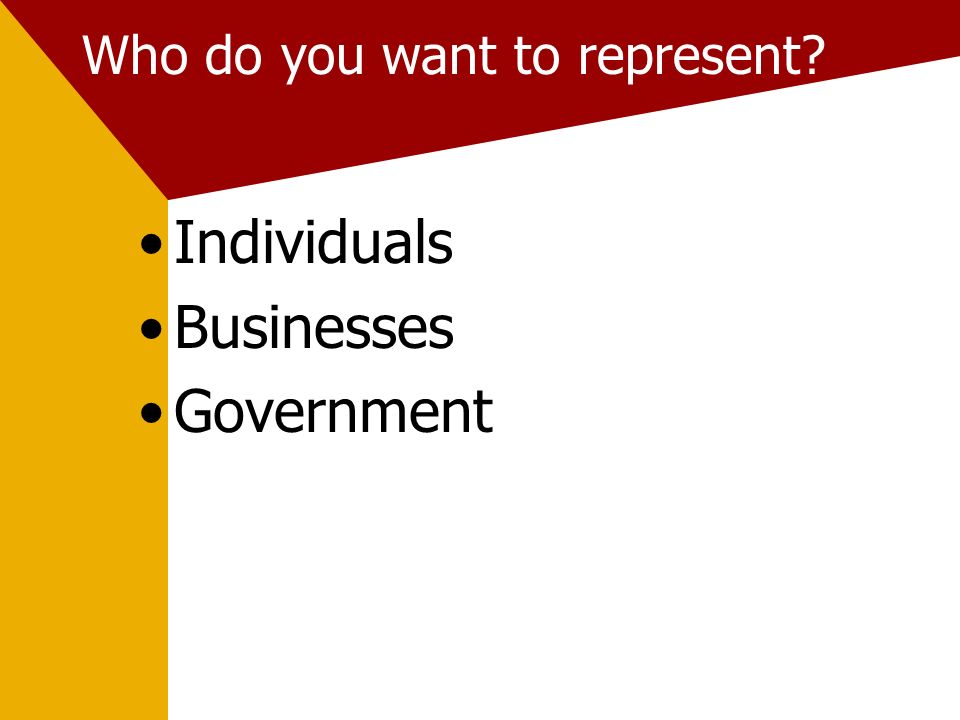 Who do you want to represent Individuals Businesses Government