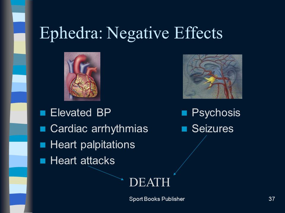 Sport Books Publisher37 Ephedra: Negative Effects Elevated BP Cardiac arrhythmias Heart palpitations Heart attacks Psychosis Seizures DEATH
