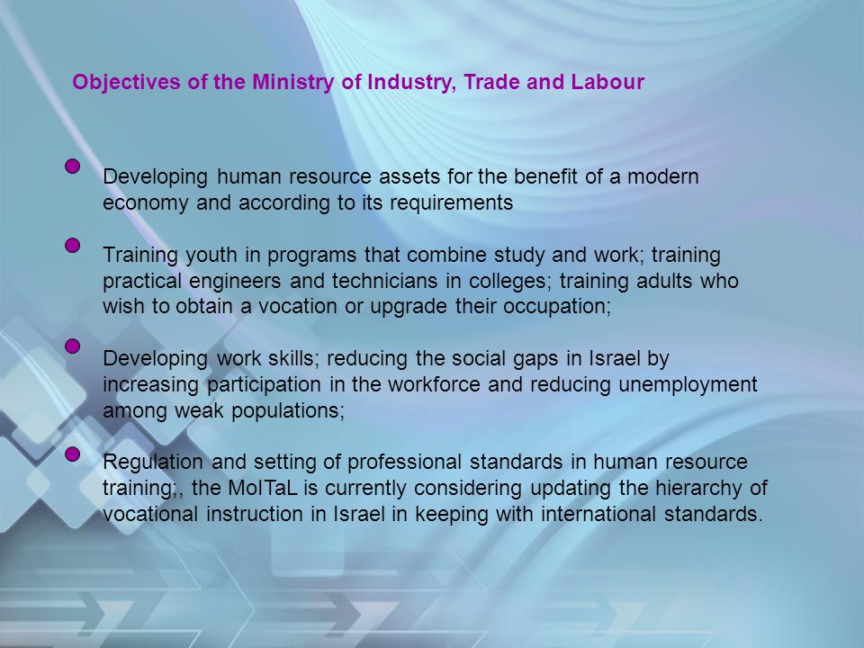 Objectives of the Ministry of Industry, Trade and Labour Developing human resource assets for the benefit of a modern economy and according to its requirements Training youth in programs that combine study and work; training practical engineers and technicians in colleges; training adults who wish to obtain a vocation or upgrade their occupation; Developing work skills; reducing the social gaps in Israel by increasing participation in the workforce and reducing unemployment among weak populations; Regulation and setting of professional standards in human resource training;, the MoITaL is currently considering updating the hierarchy of vocational instruction in Israel in keeping with international standards.