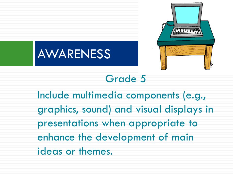 Grade 5 Include multimedia components (e.g., graphics, sound) and visual displays in presentations when appropriate to enhance the development of main ideas or themes.