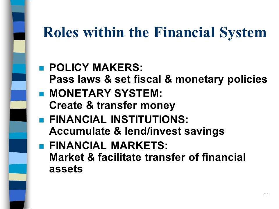 11 Roles within the Financial System n POLICY MAKERS: Pass laws & set fiscal & monetary policies n MONETARY SYSTEM: Create & transfer money n FINANCIAL INSTITUTIONS: Accumulate & lend/invest savings n FINANCIAL MARKETS: Market & facilitate transfer of financial assets