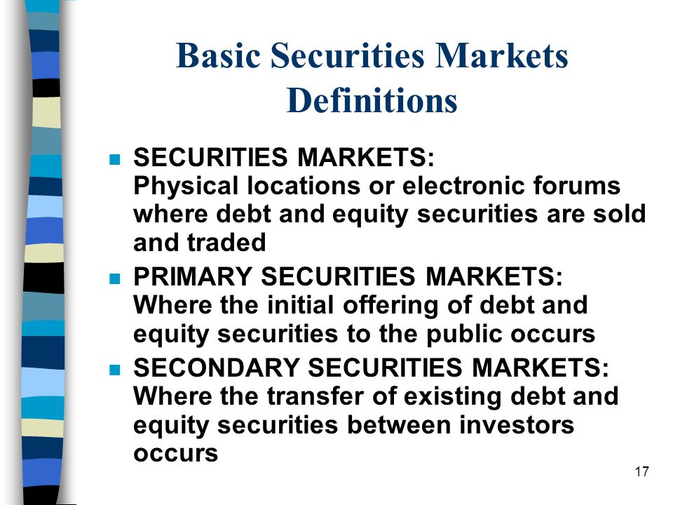 17 Basic Securities Markets Definitions n SECURITIES MARKETS: Physical locations or electronic forums where debt and equity securities are sold and traded n PRIMARY SECURITIES MARKETS: Where the initial offering of debt and equity securities to the public occurs n SECONDARY SECURITIES MARKETS: Where the transfer of existing debt and equity securities between investors occurs