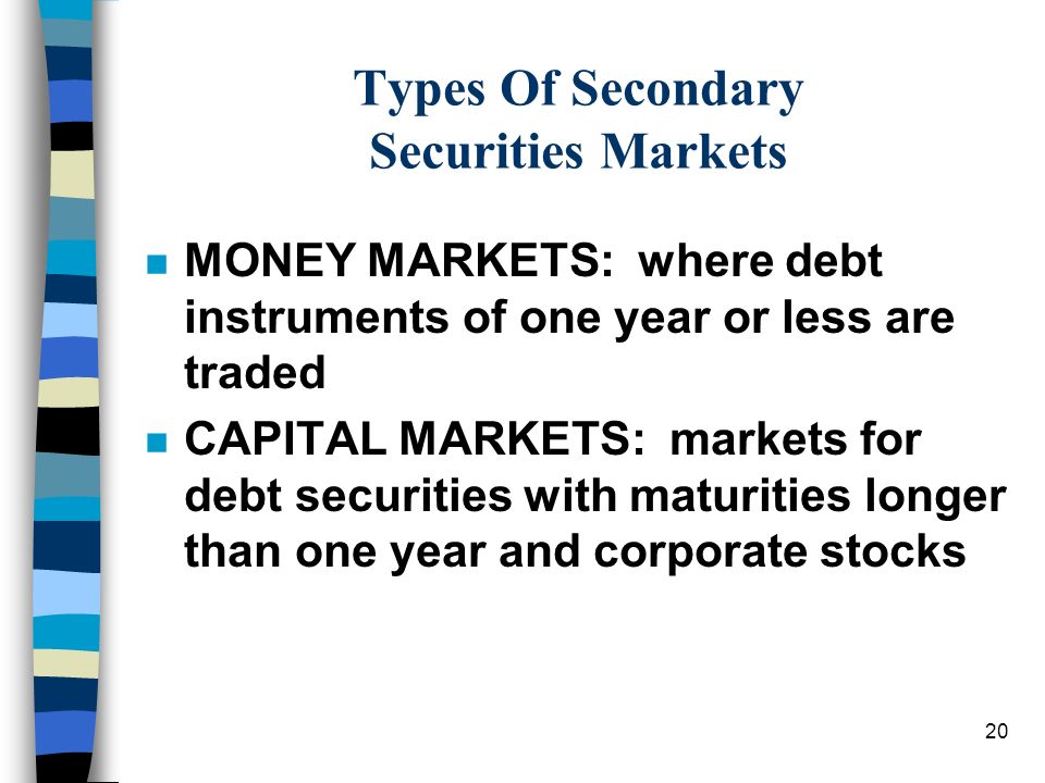 20 Types Of Secondary Securities Markets n MONEY MARKETS: where debt instruments of one year or less are traded n CAPITAL MARKETS: markets for debt securities with maturities longer than one year and corporate stocks