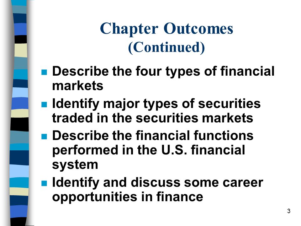 3 Chapter Outcomes (Continued) n Describe the four types of financial markets n Identify major types of securities traded in the securities markets n Describe the financial functions performed in the U.S.